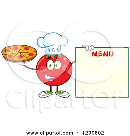 Clipart of a Happy Tomato Chef Character Holding a Pizza by a Blank Menu - Royalty Free Vector Illustration by Hit Toon
