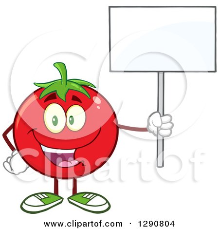 Clipart of a Happy Tomato Character Holding up a Blank Sign - Royalty Free Vector Illustration by Hit Toon