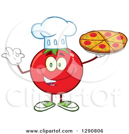 Clipart of a Happy Tomato Chef Character Holding a Pizza and Gesturing Ok - Royalty Free Vector Illustration by Hit Toon