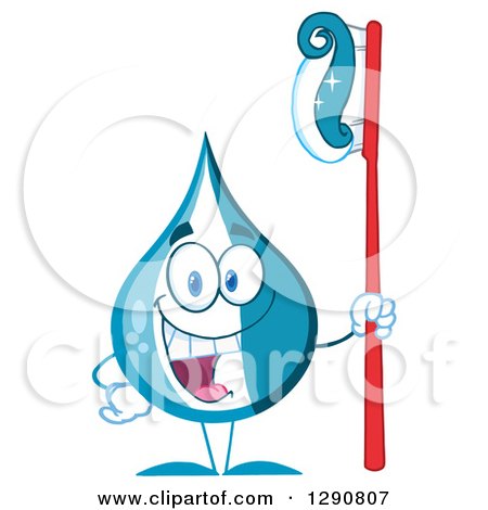 Clipart of a Happy Blue and White Toothpaste Drop Character Holding a Tooth Brush - Royalty Free Vector Illustration by Hit Toon
