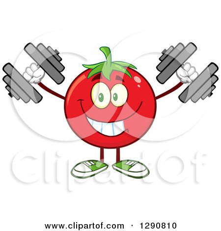 Clipart of a Happy Tomato Character Working out with Dumbbells - Royalty Free Vector Illustration by Hit Toon