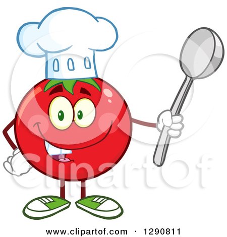 Clipart of a Happy Tomato Chef Character Holding a Spoon - Royalty Free Vector Illustration by Hit Toon