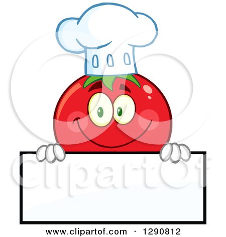 Clipart of a Happy Tomato Chef Character Smiling over a Blank Sign - Royalty Free Vector Illustration by Hit Toon