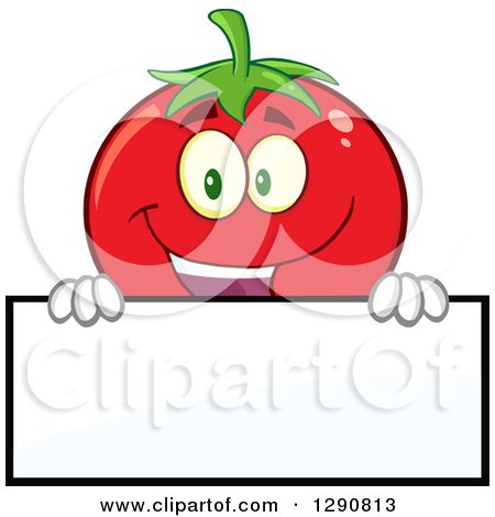 Clipart of a Happy Tomato Character Smiling over a Blank Sign - Royalty Free Vector Illustration by Hit Toon