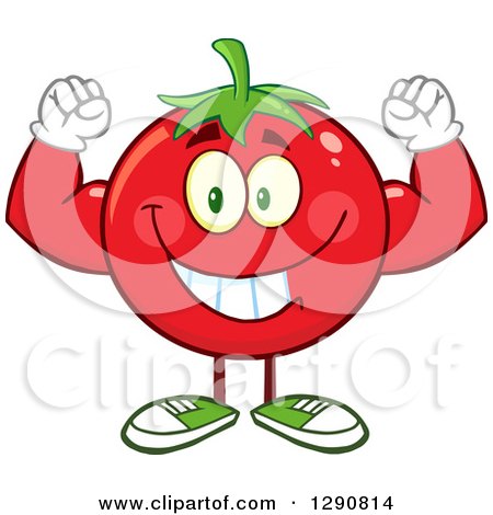 Clipart of a Happy Strong Tomato Character Flexing His Muscles - Royalty Free Vector Illustration by Hit Toon