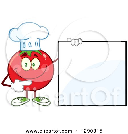 Clipart of a Happy Tomato Chef Character Pointing to a Blank Sign - Royalty Free Vector Illustration by Hit Toon