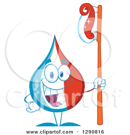 Clipart of a Happy Blue White and Red Toothpaste Drop Character Holding a Tooth Brush - Royalty Free Vector Illustration by Hit Toon