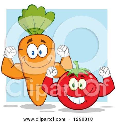 Clipart of Happy Strong Tomato and Carrot Characters Flexing Their Muscles over Blue - Royalty Free Vector Illustration by Hit Toon