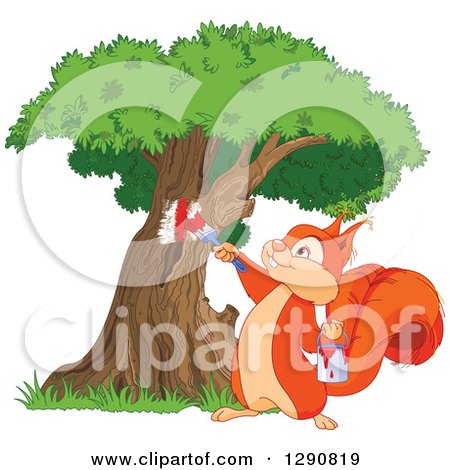 Clipart of a Cute Happy Squirrel Painting on a Tree - Royalty Free Vector Illustration by Pushkin