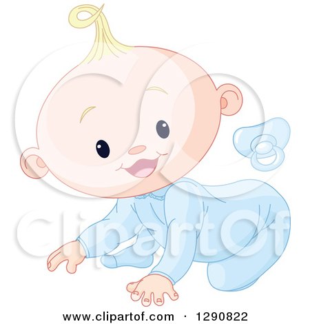 Clipart of a Pacifier and Cute Happy Blond Caucasian Baby Boy Crawling - Royalty Free Vector Illustration by Pushkin