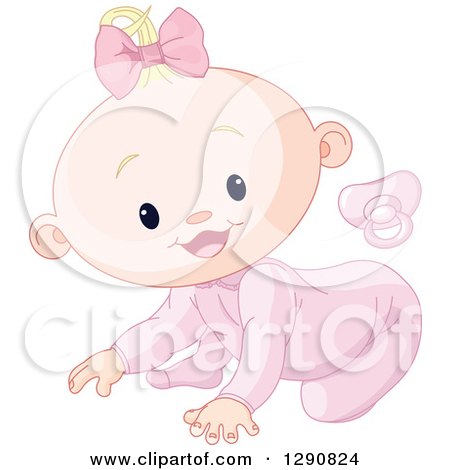 Clipart of a Pink Pacifier and a Cute Happy Blond Caucasian Baby Girl Crawling - Royalty Free Vector Illustration by Pushkin