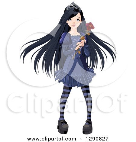 Clipart of a Dark Gothic Princess with Long Black Hair, Holding a Rose - Royalty Free Vector Illustration by Pushkin