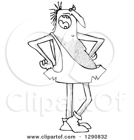 Clipart of a Black and White Hairy Caveman Complaining and Standing with Hands on His Hips - Royalty Free Vector Illustration by djart