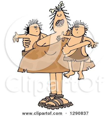 Clipart of a Chubby Cavewoman Mom Holding Twin Boys - Royalty Free Vector Illustration by djart