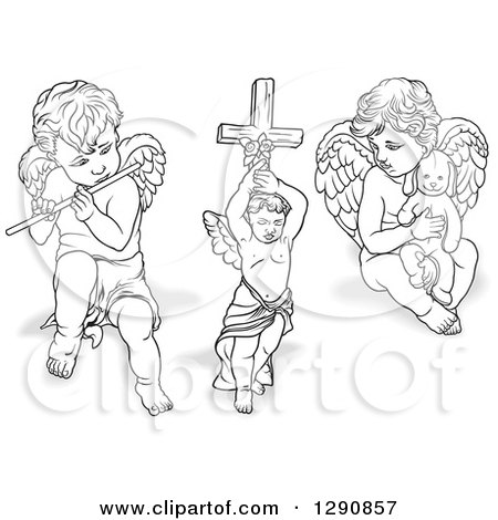 Clipart of Grayscale Angels with Shadows, Playing a Flute, Holding a Cross and a Stuffed Animal - Royalty Free Vector Illustration by dero