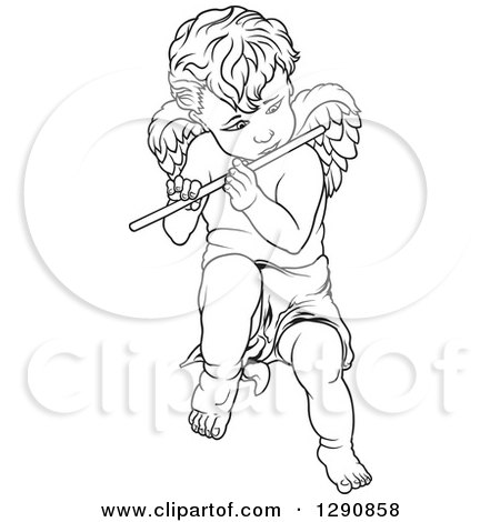 Clipart of a Black and White Angel Playing a Flute - Royalty Free Vector Illustration by dero