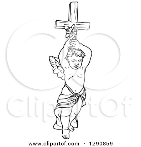 Clipart of a Black and White Angel Holding up a Cross - Royalty Free Vector Illustration by dero
