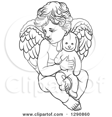 Clipart of a Black and White Angel Holding a Stuffed Animal - Royalty Free Vector Illustration by dero