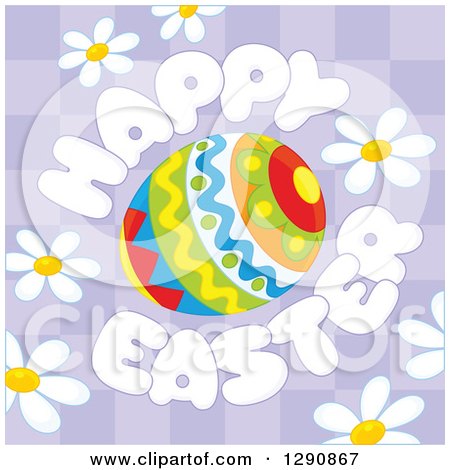 Clipart of a Patterned Egg with Happy Easter Text and Daisy Flowers over Purple Checkers - Royalty Free Vector Illustration by Alex Bannykh
