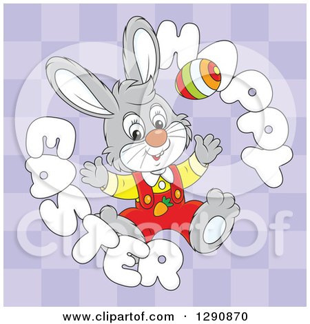 Clipart of a Happy Cartoon Gray Bunny Rabbit with an Egg in a Happy Easter Text Circle over Purple Checkers - Royalty Free Vector Illustration by Alex Bannykh