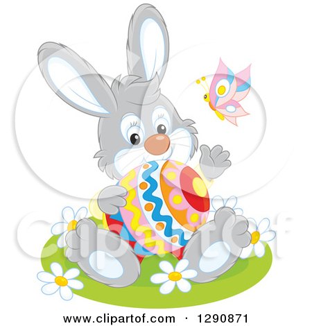 Clipart of a Happy Gray Bunny Rabbit Holding an Easter Egg and Waving - Royalty Free Vector Illustration by Alex Bannykh