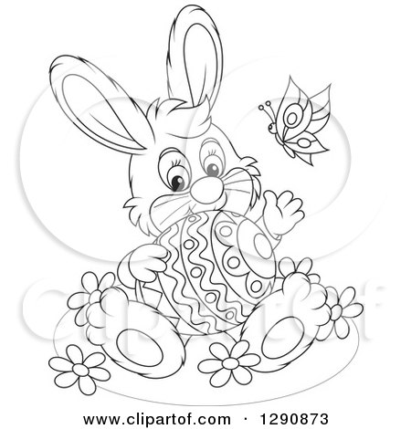 Clipart of a Happy Cartoon Black and White Bunny Rabbit Holding an Easter Egg and Waving - Royalty Free Vector Illustration by Alex Bannykh