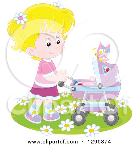 Clipart of a Blond White Girl Pushing a Doll or Baby in a Carriage in the Spring Time - Royalty Free Vector Illustration by Alex Bannykh