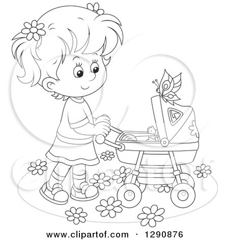 Clipart of a Black and White Girl Pushing a Doll or Baby in a Carriage in the Spring Time - Royalty Free Vector Illustration by Alex Bannykh