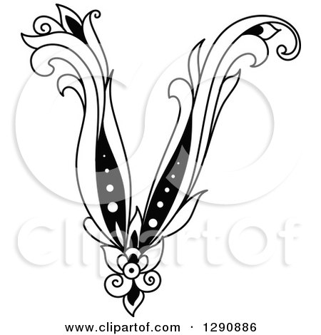 Clipart of a Black and White Vintage Floral Capital Letter V - Royalty Free Vector Illustration by Vector Tradition SM