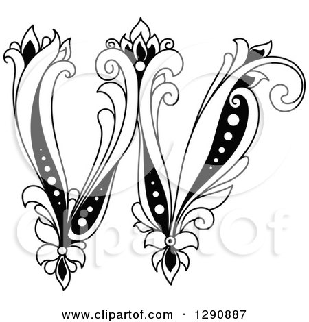 Clipart of a Black and White Vintage Floral Capital Letter W - Royalty Free Vector Illustration by Vector Tradition SM