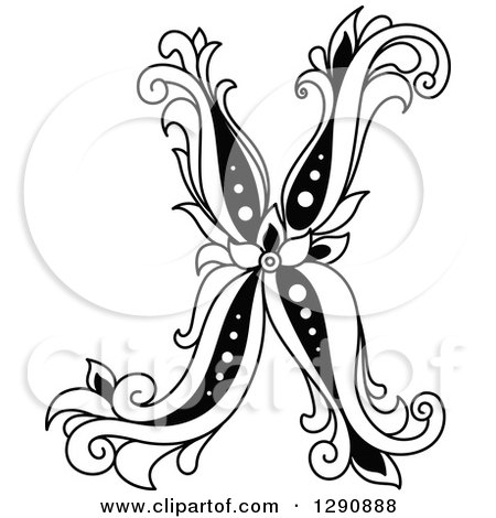 Clipart of a Black and White Vintage Floral Capital Letter X - Royalty Free Vector Illustration by Vector Tradition SM