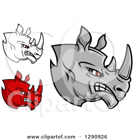 Clipart of Aggressive Angry Gray and Red Rhino Heads Facing Right - Royalty Free Vector Illustration by Vector Tradition SM