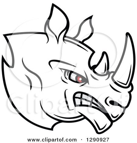 Clipart of an Aggressive Black and White Rhino Head with Red Eyes, Facing Right - Royalty Free Vector Illustration by Vector Tradition SM