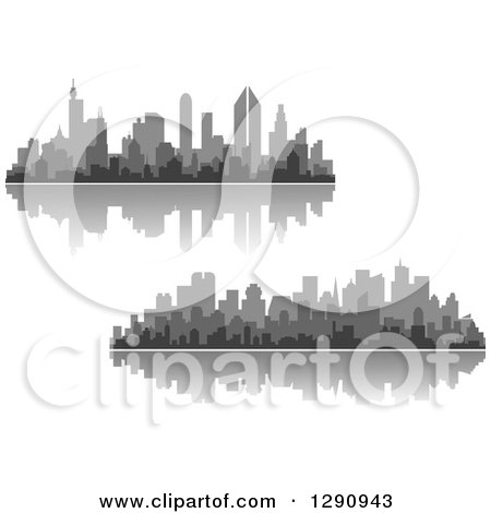 Clipart of Multi Toned Gray Silhouetted City Skylines and Reflections - Royalty Free Vector Illustration by Vector Tradition SM