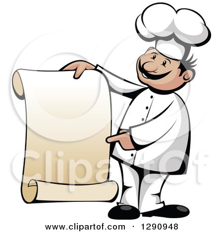 Clipart of a Happy Cartoon Male Chef Pointing and Holding a Scroll Menu Sign - Royalty Free Vector Illustration by Vector Tradition SM