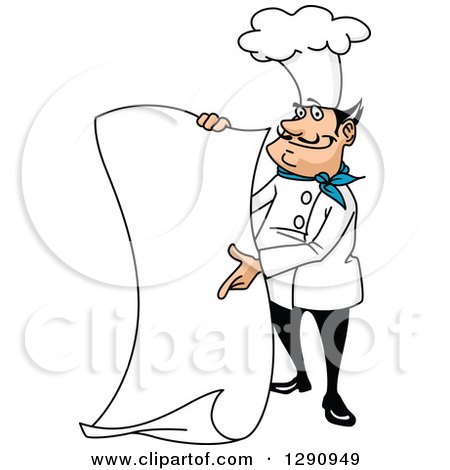 Clipart of a Happy Cartoon Male Chef Pointing and Holding a Large Blank Scroll Menu Sign - Royalty Free Vector Illustration by Vector Tradition SM