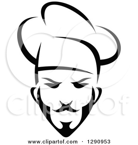 Clipart of a Black and White Chef Face with a Toque and Mustache 2 - Royalty Free Vector Illustration by Vector Tradition SM