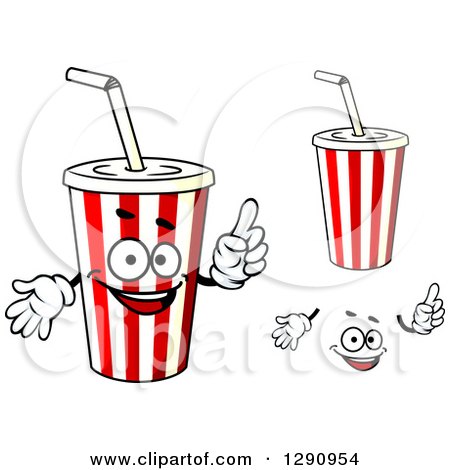 Clipart of Striped Fountain Soda Cups, a Face and Hands - Royalty Free Vector Illustration by Vector Tradition SM