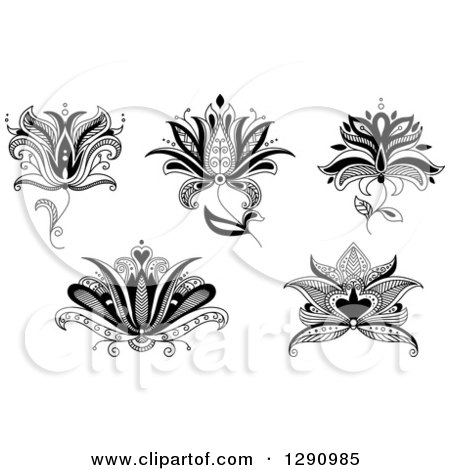 Clipart of a Black and White Henna Lotus Flowers 2 - Royalty Free Vector Illustration by Vector Tradition SM