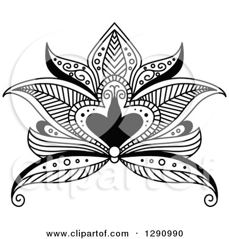 Clipart of a Black and White Beautiful Henna Lotus Flower 3 - Royalty Free Vector Illustration by Vector Tradition SM