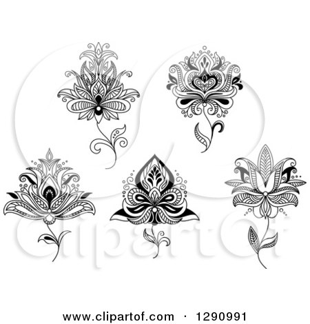 Clipart of a Black and White Henna Lotus Flowers 3 - Royalty Free Vector Illustration by Vector Tradition SM