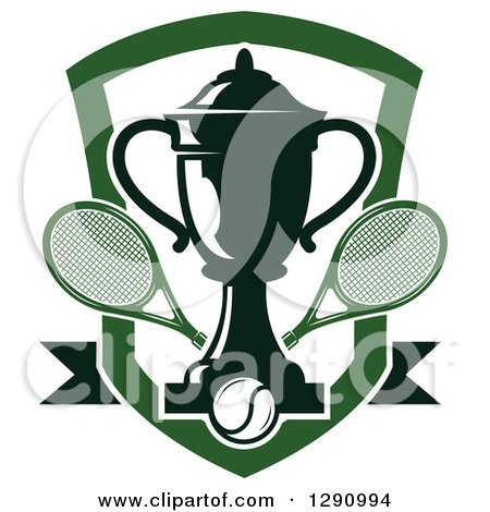 Clipart of a Green Tennis Shield with a Trophy, Rackets and Ball - Royalty Free Vector Illustration by Vector Tradition SM