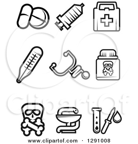 Clipart of Black and White Medicine and Pharmacy Icons - Royalty Free Vector Illustration by Vector Tradition SM