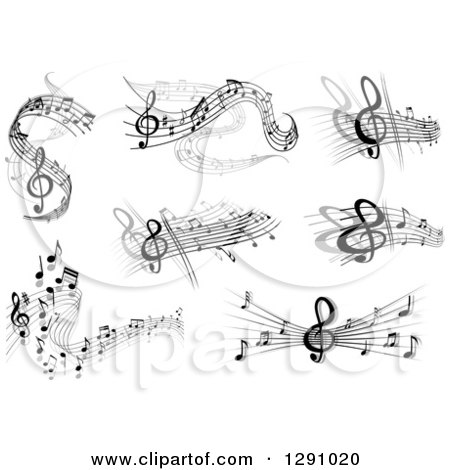 Clipart of Grayscale Flowing Music Note Wave Designs 3 - Royalty Free Vector Illustration by Vector Tradition SM