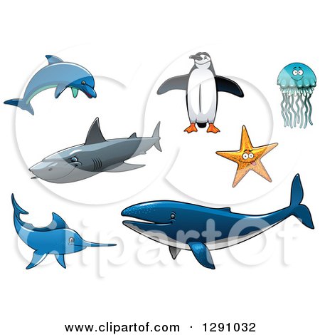 Clipart of a Dolphin, Penguin, Jellyfish, Starfish, Shark, Marlin and Whale - Royalty Free Vector Illustration by Vector Tradition SM