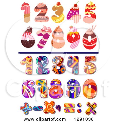 Clipart of Colorful Funky Patterned and Bakery Numbers and Math Symbols - Royalty Free Vector Illustration by Vector Tradition SM