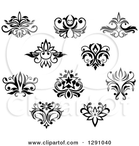 Clipart of Black and White Vintage Flower Design Elements - Royalty Free Vector Illustration by Vector Tradition SM