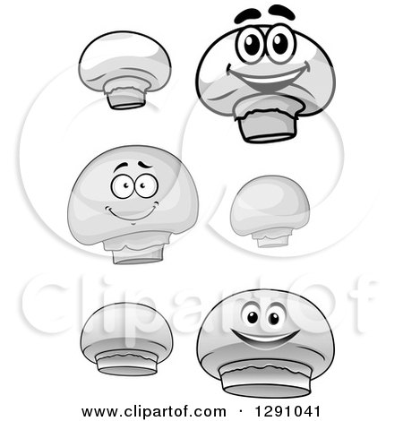 Clipart of Grayscale Button Mushrooms and Characters - Royalty Free Vector Illustration by Vector Tradition SM