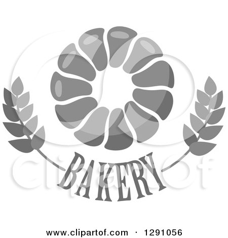 Clipart of a Grayscale Pull Apart, Croissant, or Monkey Bread Ring over Bakery Text and Wheat - Royalty Free Vector Illustration by Vector Tradition SM