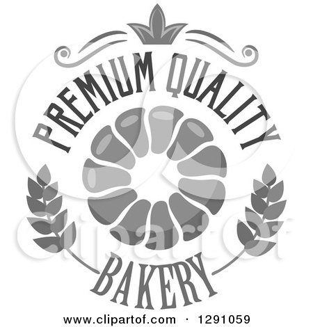 Clipart of a Grayscale Pull Apart, Croissant, or Monkey Bread in a Wheat, Crown and Premium Quality Bakery Text Circle - Royalty Free Vector Illustration by Vector Tradition SM